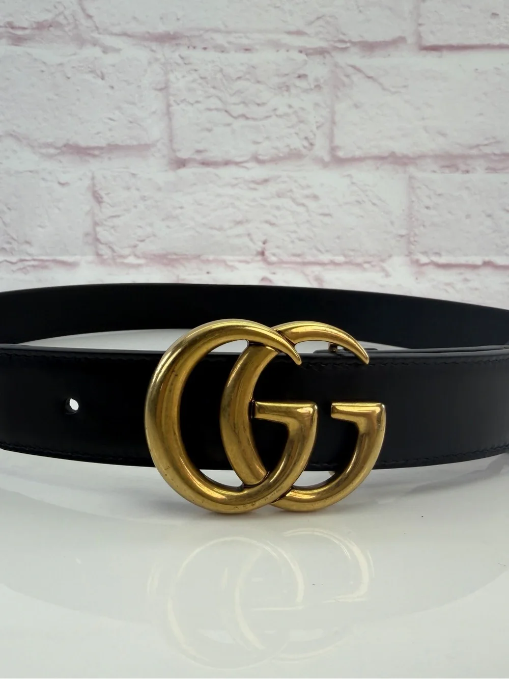 Authentic Gucci Marmont GG Double G Khaki Black Belt 625839 80/32
